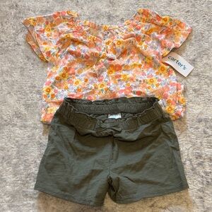 NWT 6/6x 2 piece Carter's Orange Floral Top and Olive Shorts Set